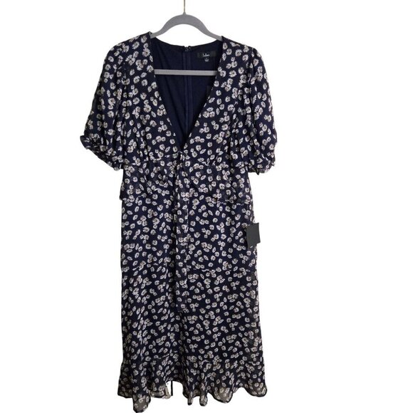 Lulus NWT Anything Lovlier Floral Print Tiered Midi Dress Navy Daisy Size L - Picture 2 of 12